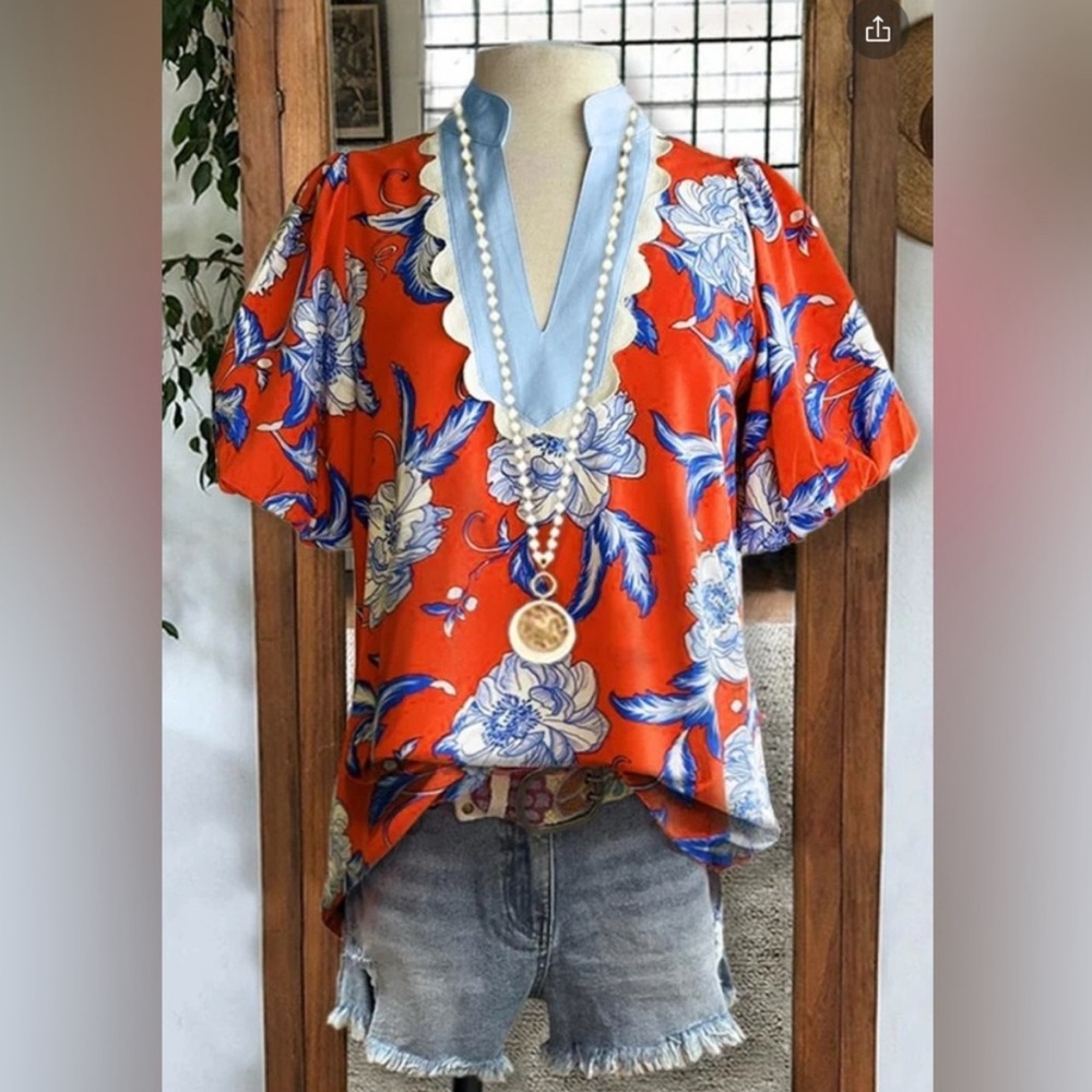 Floral V-Neck Women's Top - Orange and Blue